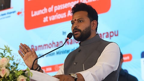 Rammohan Naidu Kinjarapu, Union Minister of Civil Aviation, addressing during the inauguration of the Udaan Yatri cafe and new facilities at Coimbatore International airport on Friday. 