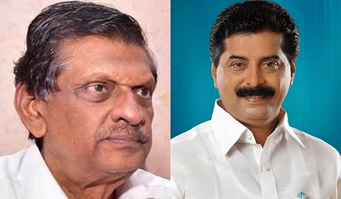 Kerala Congress chairman PJ Joseph (L) and Kerala Congress (Mani Group) leader Roshi Augustine.