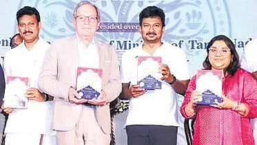 Deputy Chief Minister Udhayanidhi Stalin releasing the fourth volume of the Comparative Etymological Dictionary Project of Tamil and Indo-European Languages.