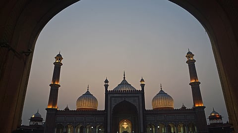 People pryaing in the Illuminated Jama Masjid on the 1st Day of Ramadan, New Delhi on Thursday.