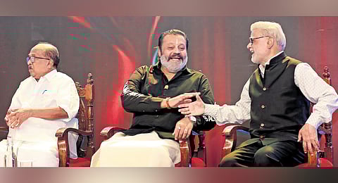Union Minister Suresh Gopi and TNIE Editorial Director Prabhu Chawla during the Devi Awards function organised by The New Indian Express in Kochi on Saturday. K V Thomas, Kerala government’s envoy in Delhi, is also seen 