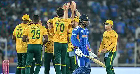 South Africa players celebrate a wicket against India on Sunday.
