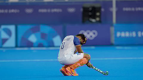 India captain Harmanpreet Singh after losing to Germany at Paris Olympics. India went on to compete for, and clinched the Bronze medal. A significant dip in the team's performance has been witnessed since the win