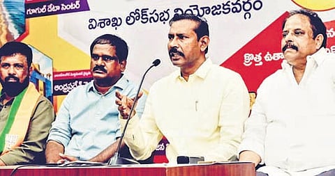 TDP State president Palla Srinivasa Rao addressing a press conference in Visakhapatnam on Sunday 