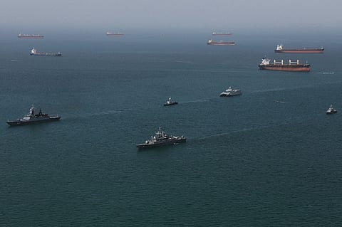 This image provided Thursday Feb. 19, 2026 by the Iranian military and dand dated Wednesday, Feb. 18, 2025, shows navy ships conducting operations during a join drill by Iranian and Russian forces in the Indian Ocean