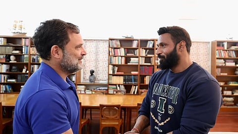 Lok Sabha LoP and Congress MP Rahul Gandhi meets Gym trainer Deepak, who defended Advocate Ahmed’s Baba School Dress & Matching Centre in Kotdwar.