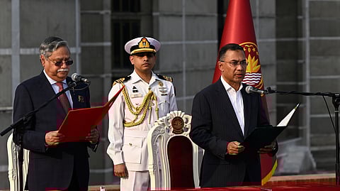 Tarique Rahman, Chairperson of the Bangladesh Nationalist Party, takes oath as Prime Minister of Bangladesh from President Mohammed Shahabuddin, left, at the National Parliament in Dhaka, Bangladesh, Tuesday, Feb. 17, 2026. 