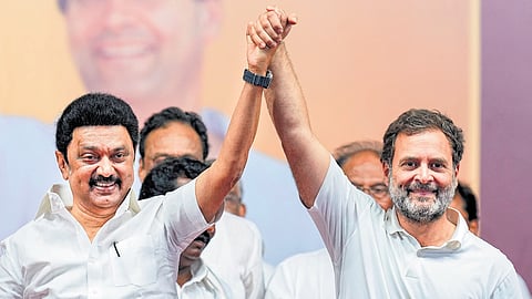 Tamil Nadu CM MK Stalin and Congress leader Rahul Gandhi during an election rally.
