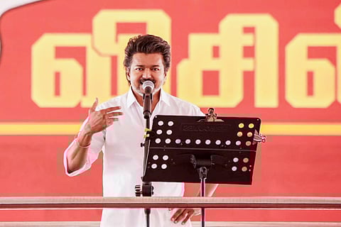 Tamilaga Vettri Kazhagam (TVK) chief Vijay addresses a party meeting, in Vellore district, Tamil Nadu, Monday, Feb. 23, 2026.