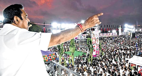 AIADMK general secretary Edappadi K Palaniswami addressing a public meeting at the Ponneri Assembly constituency on Sunday 