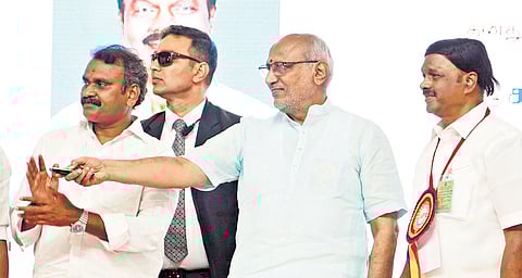 Vice President C P Radhakrishnan laying the foundation stone for the statue of V O Chidambaram Pillai in Madurai on Sunday 