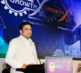IT and Industries Minister D Sridhar Babu speaks after inaugurating the Growth X 2026 conference organised by the Federation of Telangana Chambers