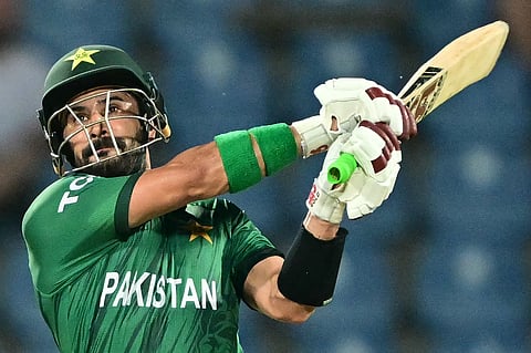 Pakistan's Sahibzada Farhan plays a shot during the 2026 ICC Men's T20 Cricket World Cup Super Eights match between England and Pakistan at the Pallekele International Cricket Stadium in Kandy.
