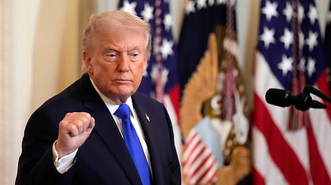 President Donald Trump leaves after an event in the East Room of the White House, Monday, Feb. 23, 2026, in Washington.