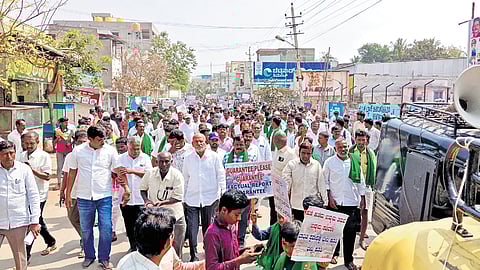 Hundreds of people join the Koppal District Save Movement Committee rally in Koppal on Tuesday | Express