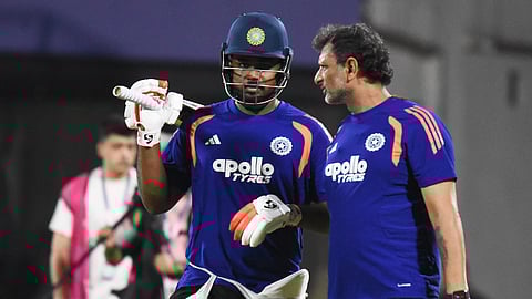 Sanju Samson (L) with batting coach Sitanshu Kotak during a training session in Chennai on Tuesday