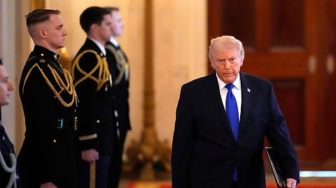 President Donald Trump arrives for an event to proclaim "Angel Family Day" in the East Room of the White House, Monday, Feb. 23, 2026, in Washington. 