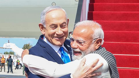 Prime Minister Narendra Modi being welcomed by his Israeli counterpart Benjamin Netanyahu upon his arrival in Tel Aviv, Israel.