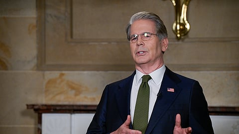 Secretary of the Treasury Scott Bessent speaks during an interview following President Donald Trump's State of the Union address to a joint session of Congress in the House chamber at the U.S. Capitol in Washington, Tuesday, Feb. 24, 2026. 