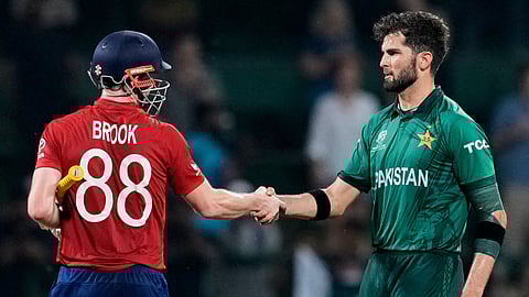 Pakistan's Shaheen Shah Afridi shakes hands with England's captain Harry Brook after he is bowled out during the T20 World Cup cricket match between England and Pakistan in Pallekele, Sri Lanka, Tuesday, Feb. 24, 2026. 