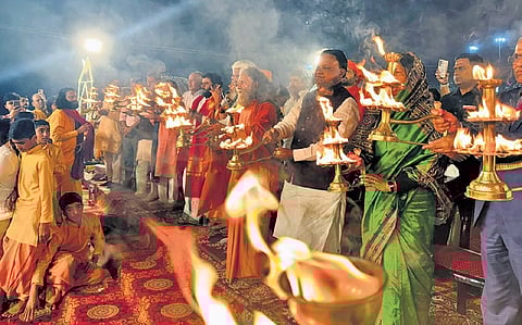 CM Mohan Charan Majhi and wife Dr Priyanka Marndi offering Ganga Aarti at Prayagraj