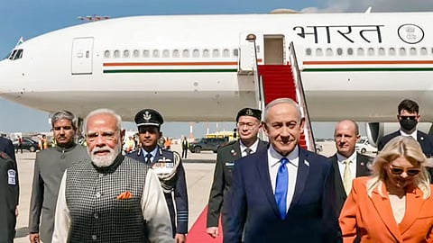 In this screengrab from a video posted on Feb. 25, 2026, Prime Minister Narendra Modi being welcomed by his Israeli counterpart Benjamin Netanyahu and his wife Sara Netanyahu upon arrival in Tel Aviv, Israel. 