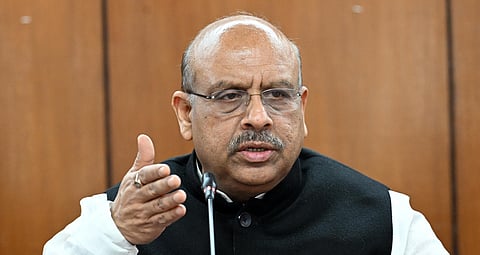 Delhi Assembly Speaker Vijender Gupta addressing the media on the occasion of Completing one year as Speaker of Delhi Assembly at Delhi at Delhi Vidhan Sabha in New Delhi on Tuesday. 
