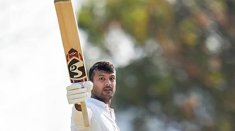 Karnataka's Mayank Agarwal celebrates after scoring a century during the third day of the Ranji Trophy 2025-26 final cricket match between Karnataka and Jammu and Kashmir at the KSCA Cricket Stadium, in Hubballi.