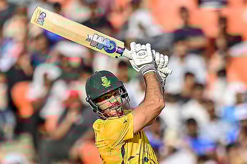 South Africa's captain Aiden Markram watches the ball after playing a shot during the 2026 ICC Men's T20 Cricket World Cup Super Eights match between West Indies and South Africa at Narendra Modi Stadium in Ahmedabad.