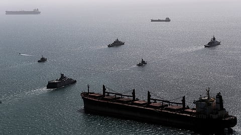 This image, provided Thursday, Feb. 19, 2026, by the Iranian military and dated Tuesday, Feb. 17, 2025, shows navy ships conducting operations during a joint drill by Iranian and Russian forces in the Indian Ocean.