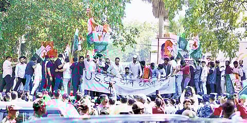 IYC and other Congress leaders during their protest at Jantar Mantar on Thursday.