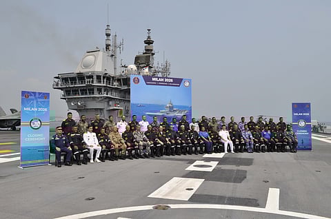 Indian Navys MILAN 2026 Exercise concludes onboard INS Vikrant off Visakhapatnam Coast on Wednesday. 