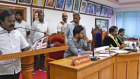 Taxation-finance committee chairperson T Muthuselvam tabling the Tiruchy
corporation budget for 2026-27 