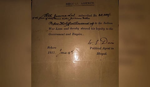 The sepia-tinted historical certificate dated June 4, 1917 in the custody of the Ruthia family, issued by then Bhopal Agency and signed by WS Davis as its political agent, mentions Seth Jumma Lal Ruthia, having subscribed Rs 35,000 to the Indian War Loan.