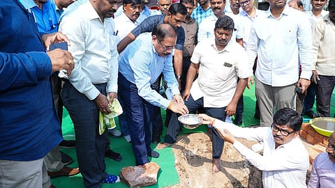 Chief Secretary K Vijayanand during the foundation stone laying ceremony of the APSEB Engineersâ?T Association Guest House at Vidyut Soudha in Vijayawada on Thursday.