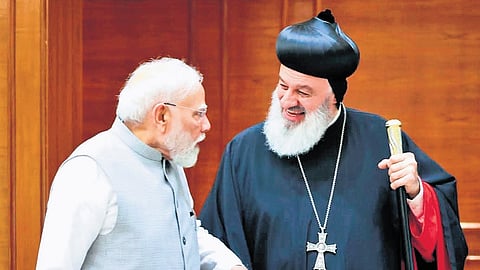 Moran Mor Ignatius Aphrem II, Patriarch of Antioch and all the east and supreme head of the Universal Syrian Church, with Prime Minister Narendra Modi at the latter’s residence in New Delhi on Friday 