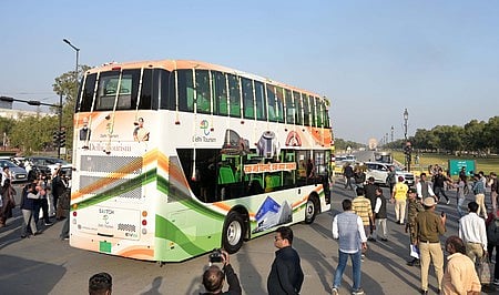 Switch Mobility's electric double decker bus runs after the launch by Delhi Chief Minister Rekha Gupta in New Delhi on Friday. Express photo by She