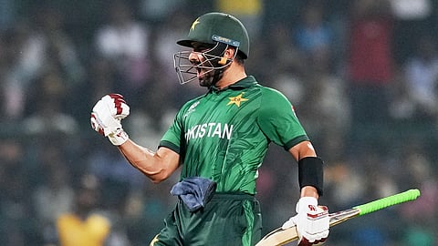 Pakistan's Sahibzada Farhan celebrates his century during the T20 World Cup cricket match between Pakistan and Sri Lanka in Pallekele.