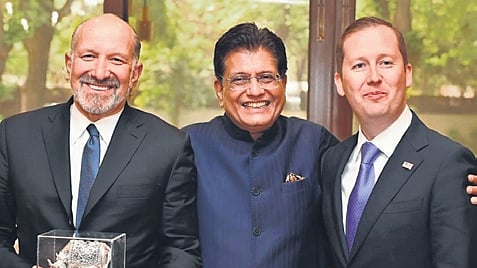 US Commerce Secretary Howard Lutnik and US Ambassador to India Sergio Gor with Commerce Minister Piyush Goyal in New Delhi.