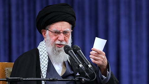 In this photo released by an official website of the office of the Iranian supreme leader, Supreme Leader Ayatollah Ali Khamenei speaks in a meeting in Tehran, Iran, Tuesday, Feb. 17, 2026.