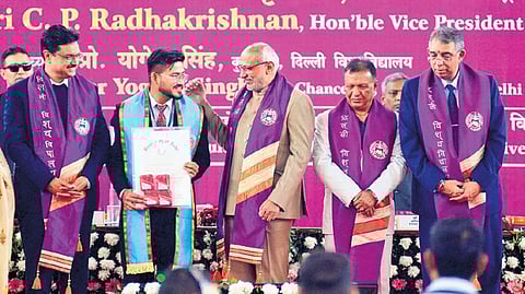 Vice-President of India C. P. Radhakrishnan with Vice Chancellor Prof Yogesh Singh during 102nd Annual Convocation of Delhi University on Saturday