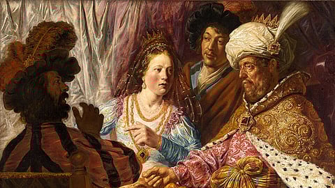 Dutch painter Jan Lievens's rendition depicting Esther accusing Haman during her meal with Xerxes I
