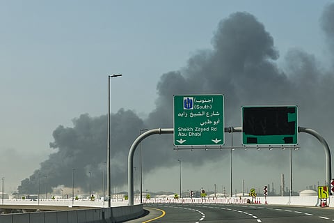 A plume of smoke rises from the port of Jebel Ali following a reported Iranian strike in Dubai on March 1, 2026.