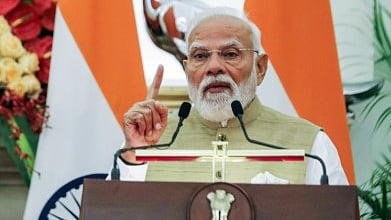 Prime Minister Narendra Modi addresses the joint press meet with Prime Minister of Canada Mark Carney, in New Delhi on Monday.