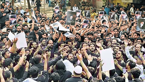 A protest was staged following the killing of Iran’s Supreme Leader Ayatollah Ali Khamenei in a US-Israel strike at Jantar Mantar on Sunday | Parveen Negi