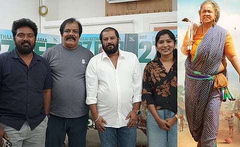 (From L to R) Bala Saravanan, Munishkanth, Muthukumar, Raichal Rabecca, poster of Thaai Kizhavi