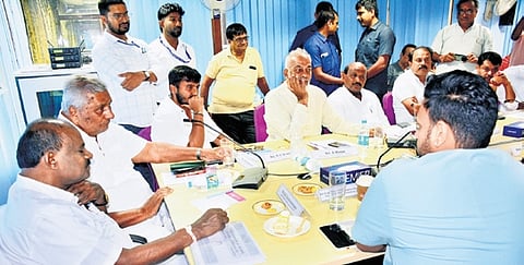Union Minister HD Kumaraswamy and Animal Husbandry Minister K Venkatesh during a Tobacco Board meeting  in Mysuru on Monday 