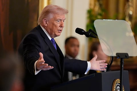 President Donald Trump speaking before participating in a Medal of Honor ceremony in the East Room of the White House, Monday, March 2, 2026, in Washington.