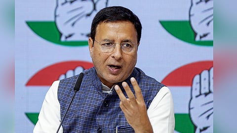 In this photo from Feb 16, 2026, Congress general secretary Randeep Singh Surjewala addresses a press conference at the AICC office in New Delhi.