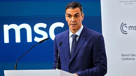 Spain's Prime Minister Pedro Sanchez speaks during a panel discussion at the Munich Security Conference in Munich, Germany, Saturday, Feb. 14, 2026.